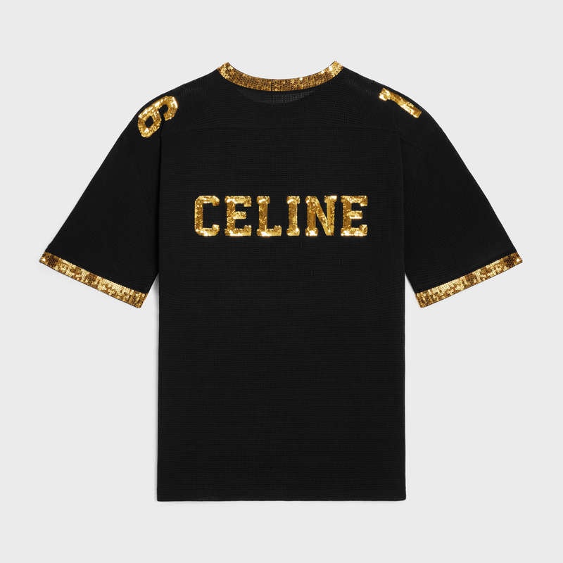 Celine 16 Embroidered In Jersey Mesh T-shirt Siyah Altın | CL-592124