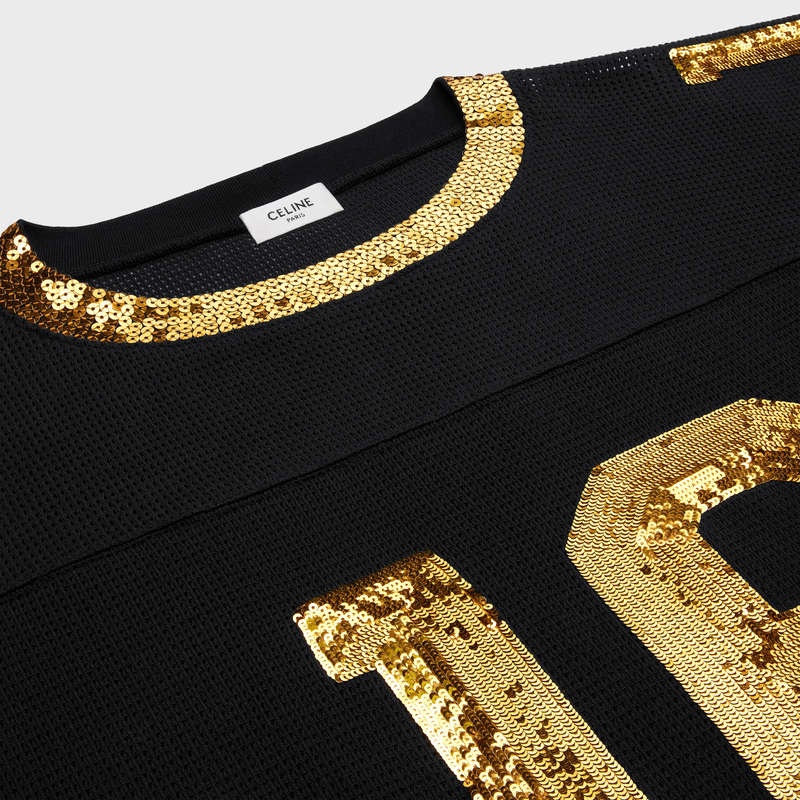 Celine 16 Embroidered In Jersey Mesh T-shirt Siyah Altın | CL-592124