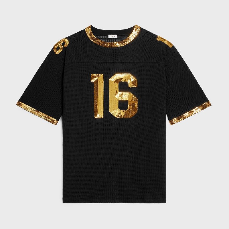 Celine 16 Embroidered In Jersey Mesh T-shirt Siyah Altın | CL-592124