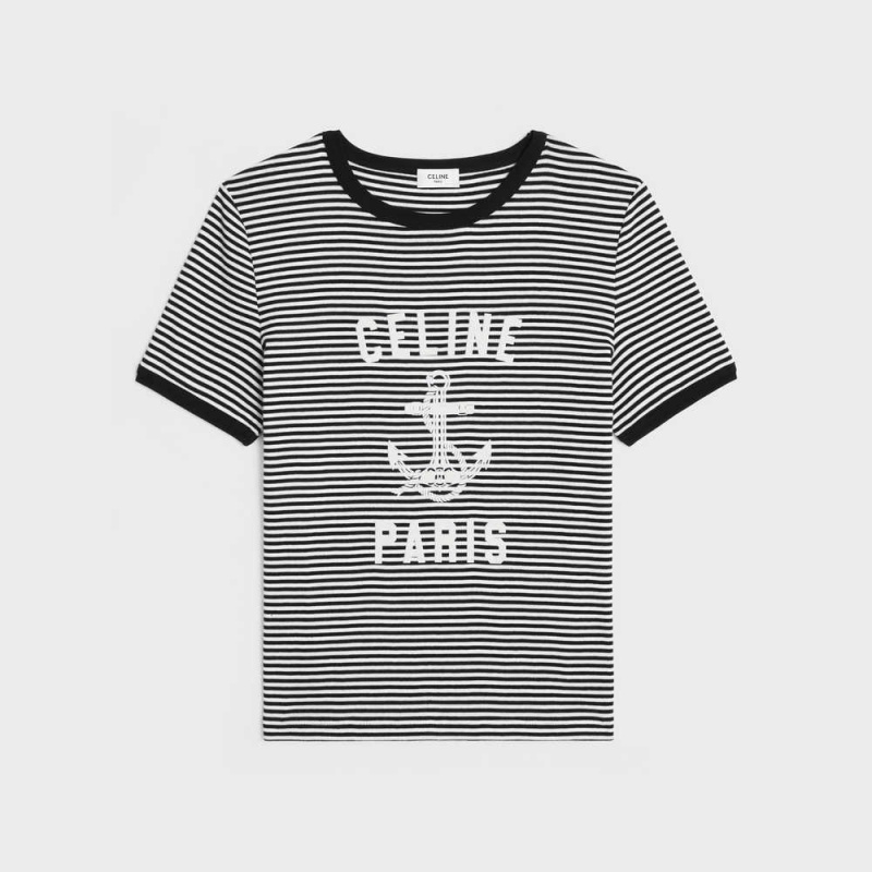 Celine 70 S Anchor In Çizgili Jersey T-shirt Beyaz Siyah | CL-592777