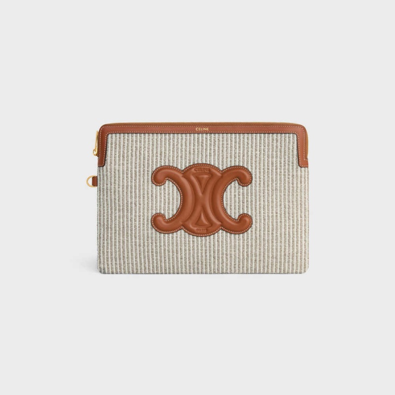 Celine Askılı Cuir Triomphe In Çizgili Tekstil And Calfskin Kese Çanta Bej Rengi | CL-592886