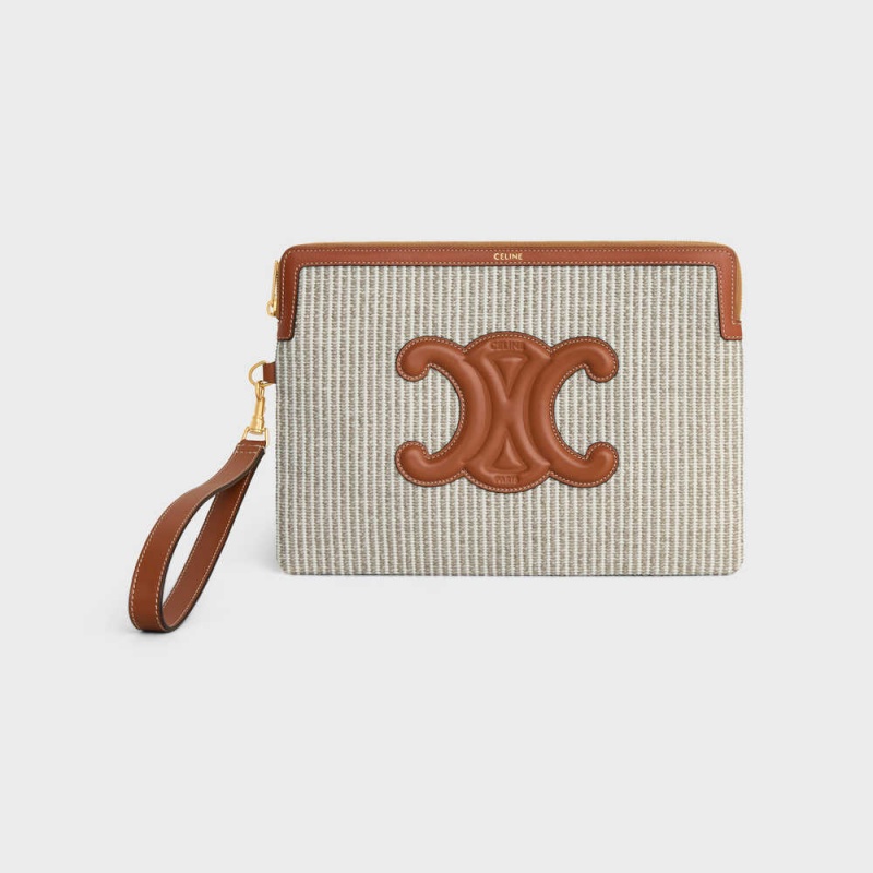 Celine Askılı Cuir Triomphe In Çizgili Tekstil And Calfskin Kese Çanta Bej Rengi | CL-592886