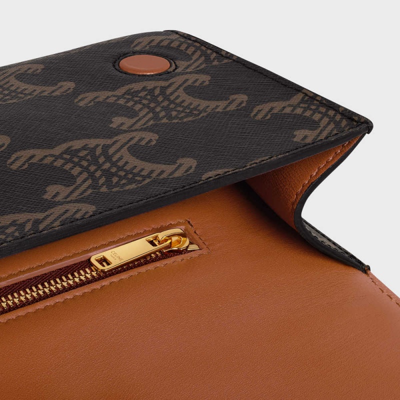 Celine Asymetric Clutch In Xl And Calfskin Triomphe Canvas Kahverengi | CL-593144