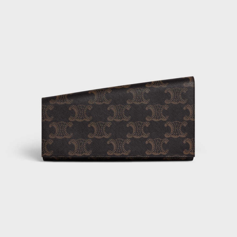 Celine Asymetric Clutch In Xl And Calfskin Triomphe Canvas Kahverengi | CL-593144