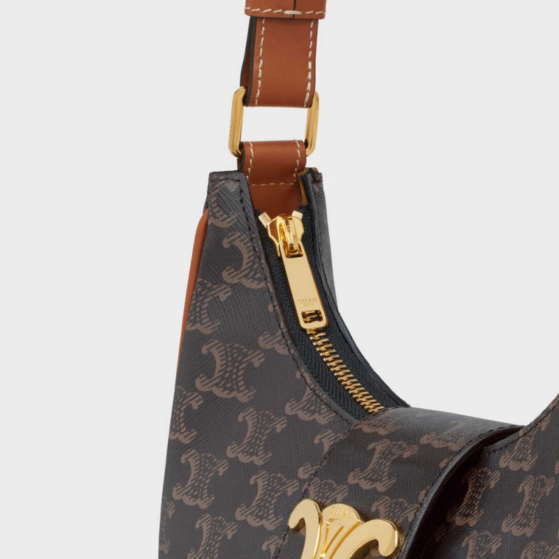 Celine Ava Triomphe Soft Bag In And Calfskin Triomphe Canvas Kahverengi | CL-593107