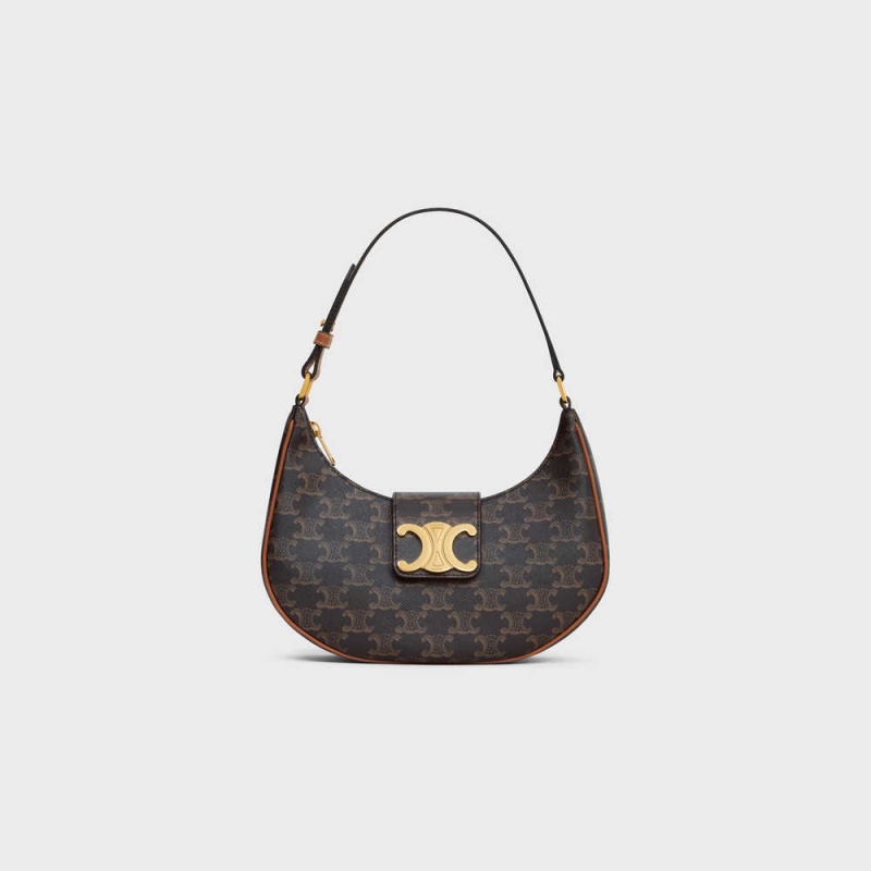 Celine Ava Triomphe Soft Bag In And Calfskin Triomphe Canvas Kahverengi | CL-593107