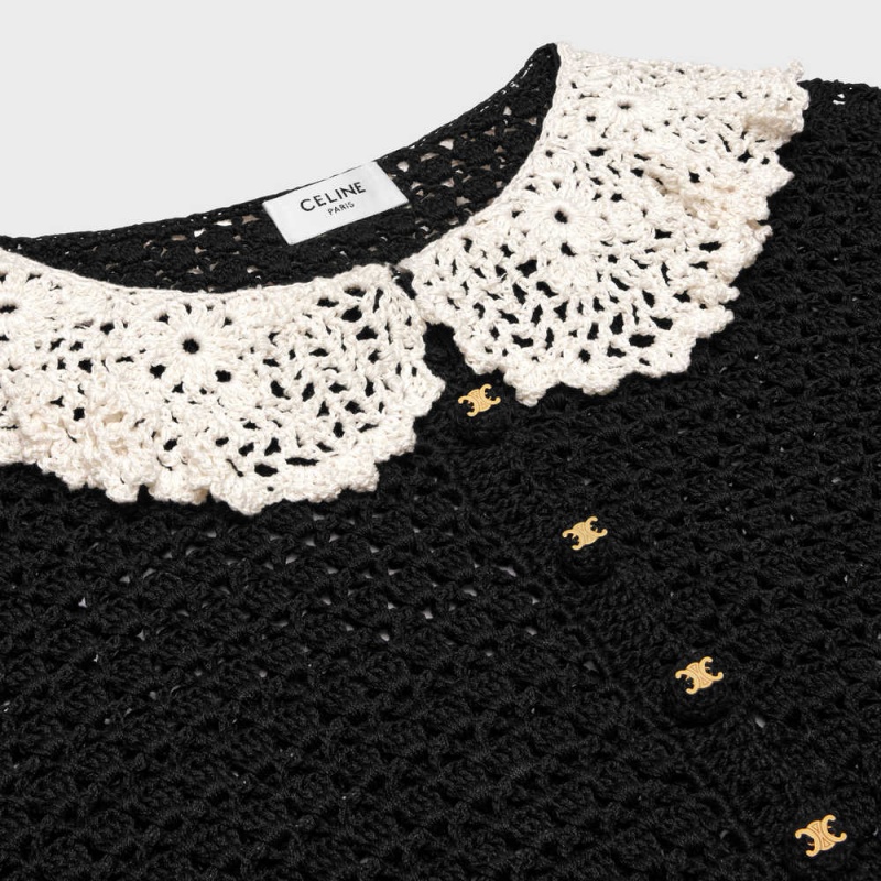 Celine Babydoll Mini In Crocheted Pamuklu Elbise Siyah Beyaz | CL-592850