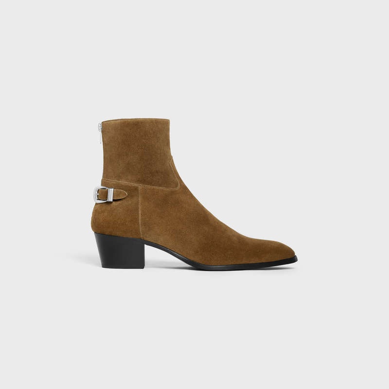 Celine Back Tokalı Zipped Isaac In Süet Calfskin Bot Gri Kahverengi | CL-591863
