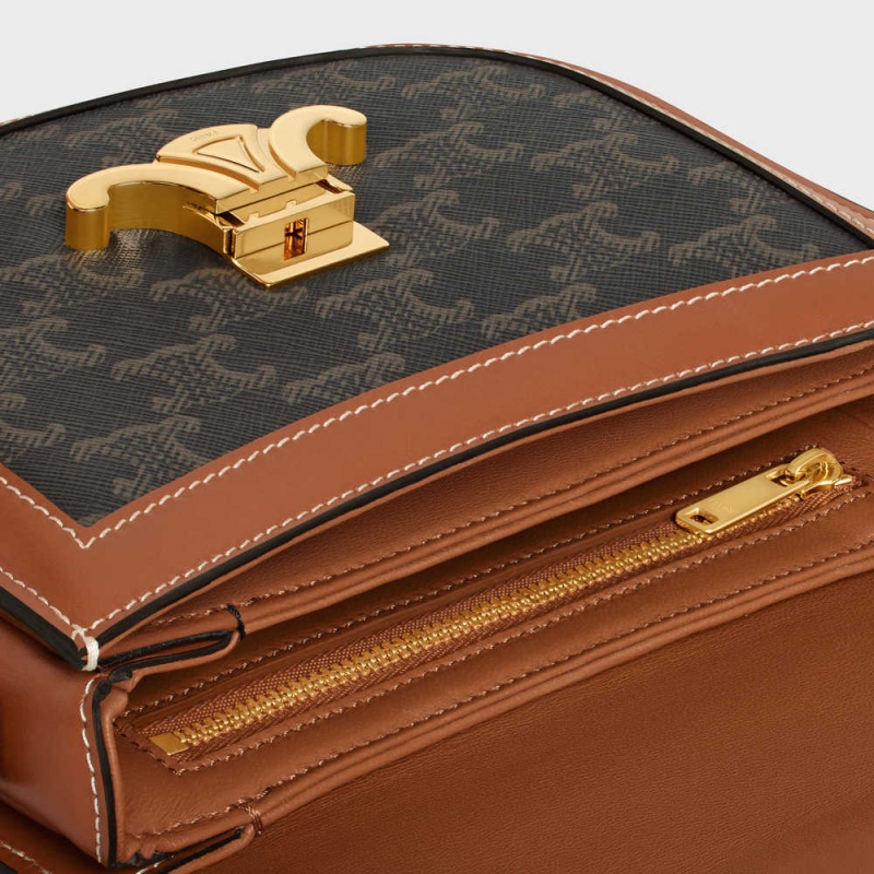 Celine Besace Clea In And Calfskin Triomphe Canvas Kahverengi | CL-593119