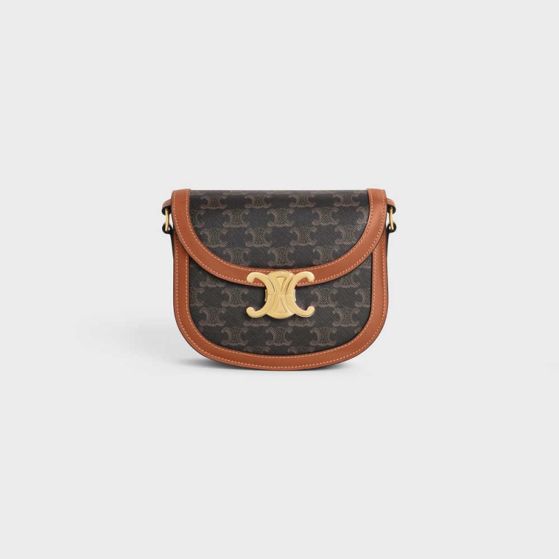 Celine Besace Clea In And Calfskin Triomphe Canvas Kahverengi | CL-593119