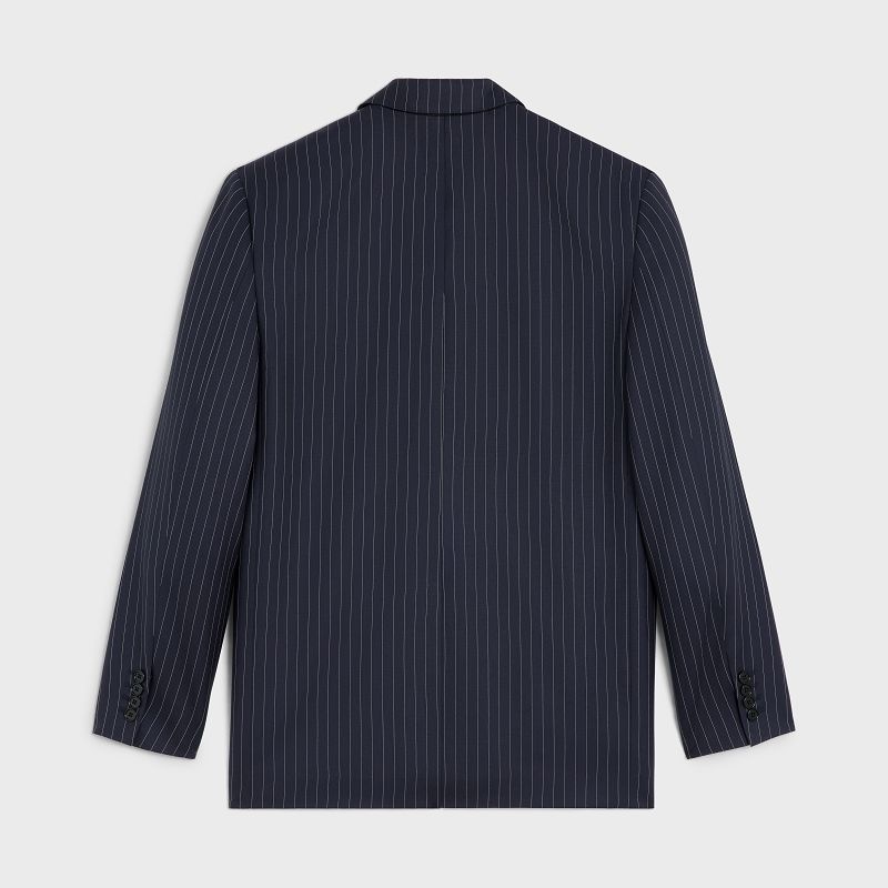 Celine Boxy In Çizgili Cashmere Yün Mont Mavi | CL-591999