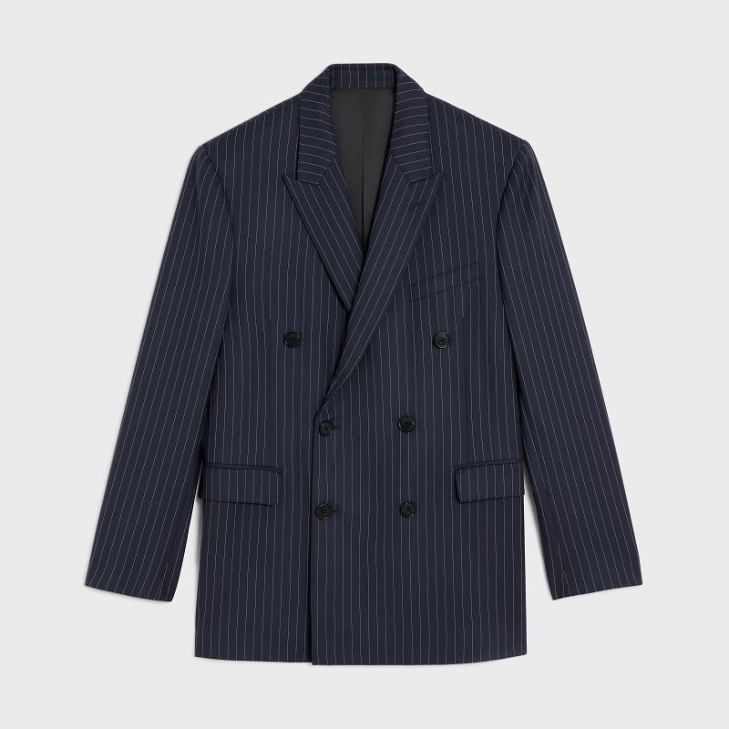 Celine Boxy In Çizgili Cashmere Yün Mont Mavi | CL-591999
