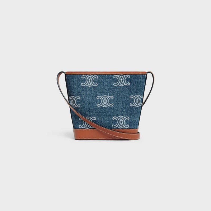 Celine Bucket Cuir Triomphe In Denim With Triomphe All-over Embroidery And Calfskin Mini Çanta Lacivert Kahverengi | CL-593041