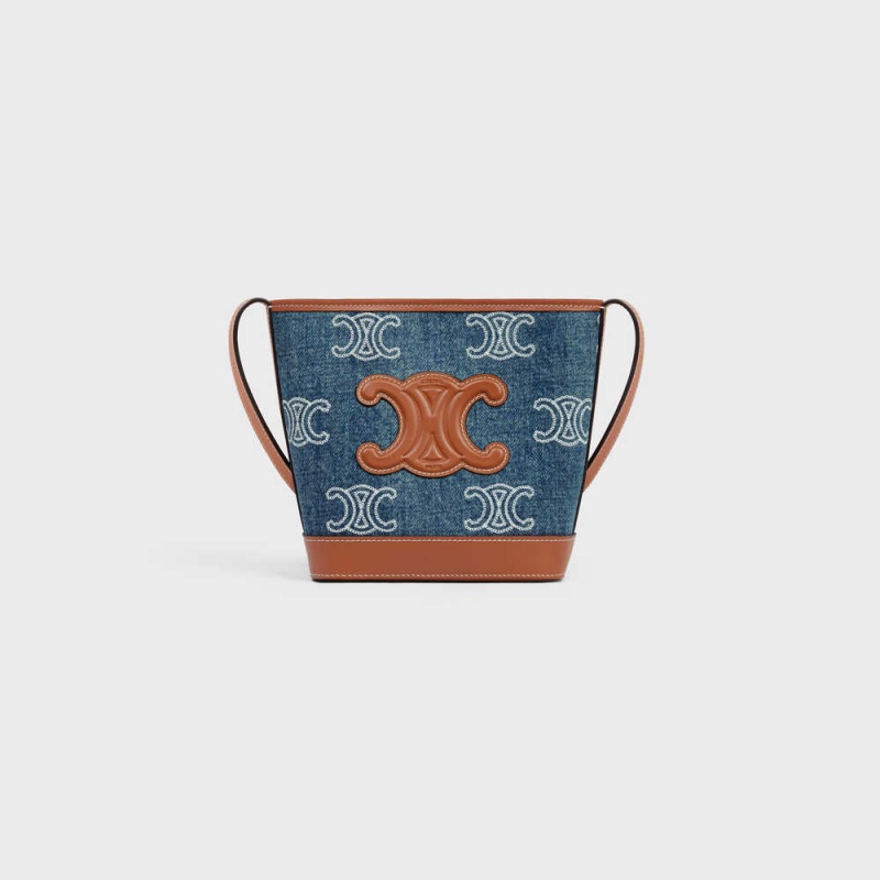 Celine Bucket Cuir Triomphe In Denim With Triomphe All-over Embroidery And Calfskin Mini Çanta Lacivert Kahverengi | CL-593041
