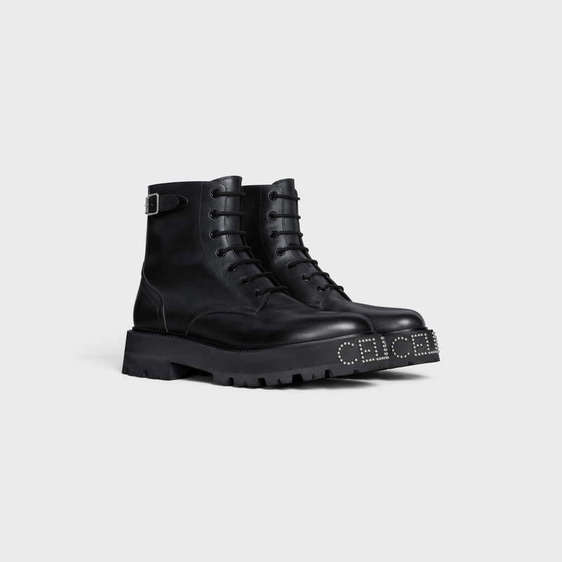 Celine Bulky Dantel-up With Studded Outsole In Shiny Bull Bot Siyah | CL-591878