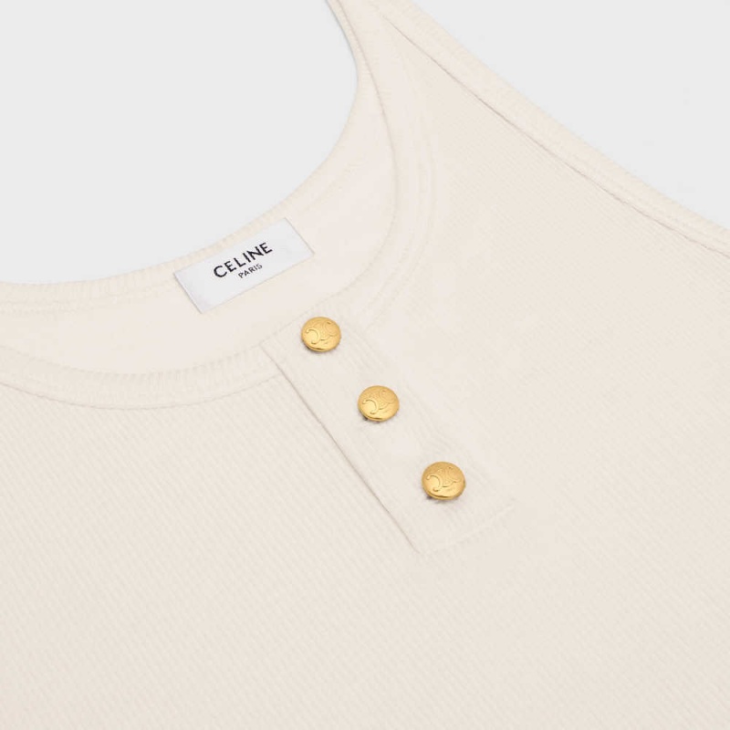 Celine Buttoned Tank In Nervürlü Silk Jersey Tişörtü Beyaz | CL-592797