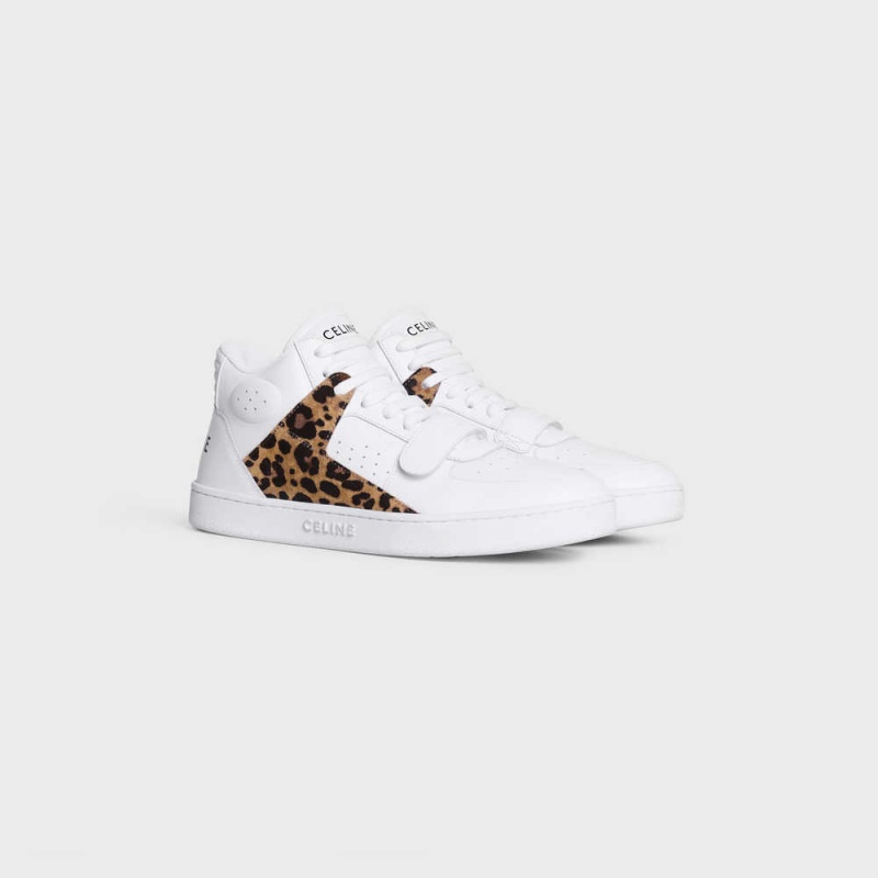 Celine C02 Trainer Mid Cut With Scratch In Calfskin & Leopard Printed Süet Calfskin Spor Ayakkabı Beyaz Siyah Kahverengi | CL-592543
