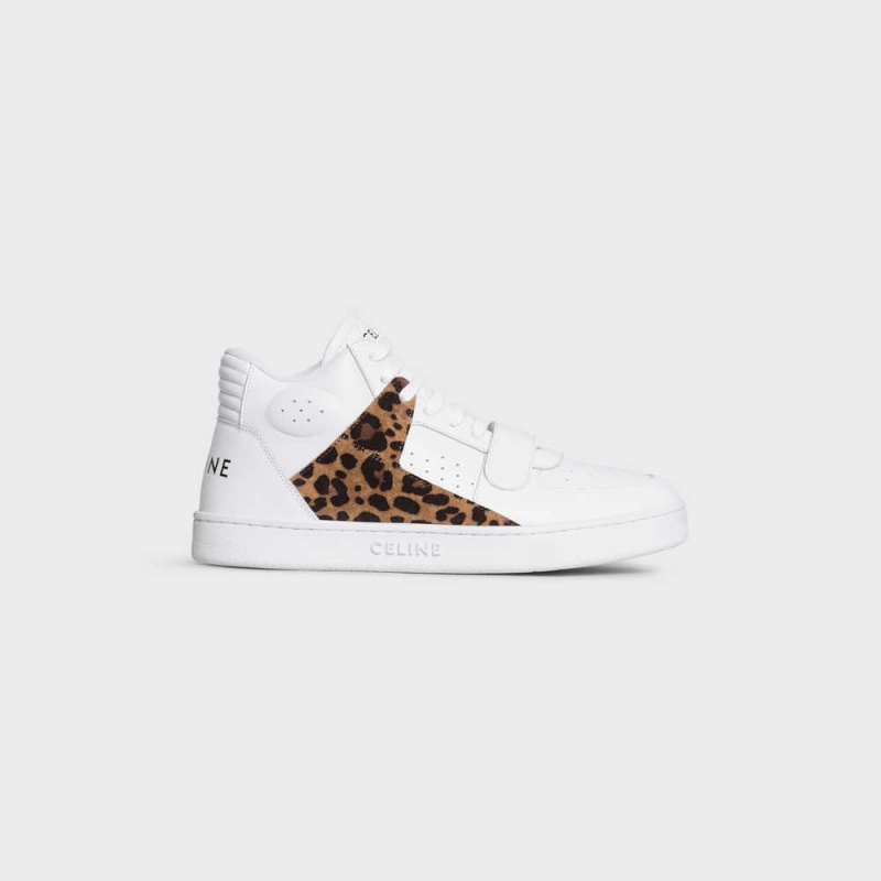 Celine C02 Trainer Mid Cut With Scratch In Calfskin & Leopard Printed Süet Calfskin Spor Ayakkabı Beyaz Siyah Kahverengi | CL-592543