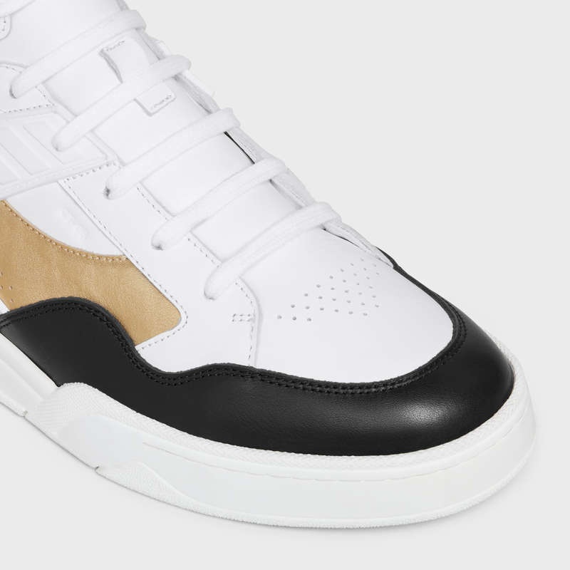 Celine C06 High In Calfskin & Laminated Calfskin Spor Ayakkabı Beyaz Siyah Kırmızı Altın | CL-591907