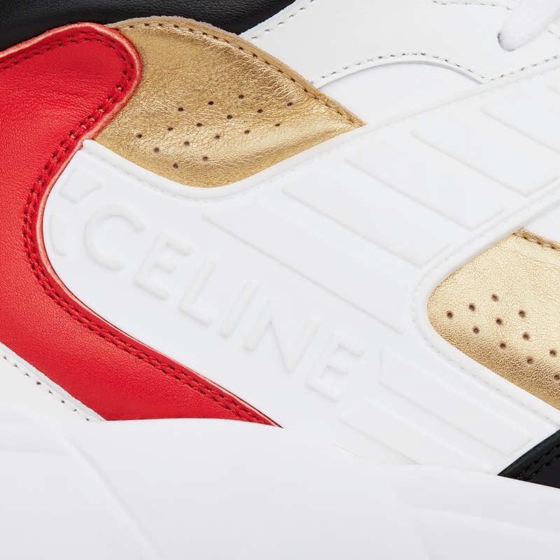 Celine C06 High In Calfskin & Laminated Calfskin Spor Ayakkabı Beyaz Siyah Kırmızı Altın | CL-591907
