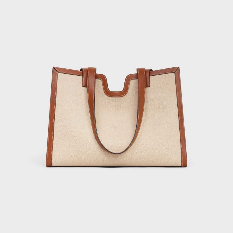 Celine Cabas In Tekstil And Calfskin 16 Bej Rengi Kahverengi | CL-593253
