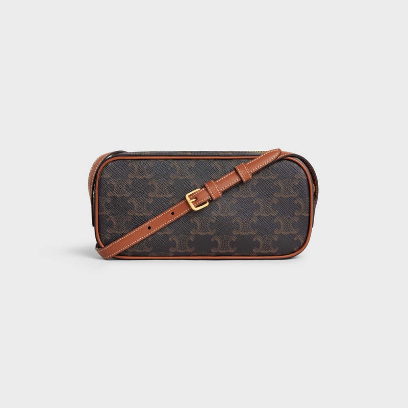 Celine Camera Shoulder Bag Cuir Triomphe In Triomphe Kanvas And Calfskin Mini Çanta Kahverengi | CL-593035
