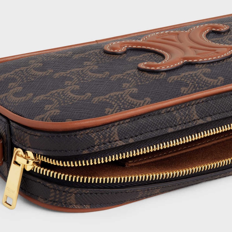 Celine Camera Shoulder Bag Cuir Triomphe In Triomphe Kanvas And Calfskin Mini Çanta Kahverengi | CL-593035