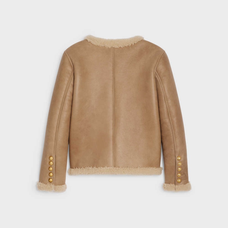 Celine Cardigan In Curly Shearling Leather Kahverengi Krema | CL-592615