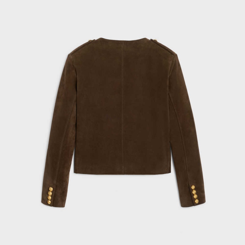 Celine Cardigan In Split Calfskin Leather Kahve | CL-592614
