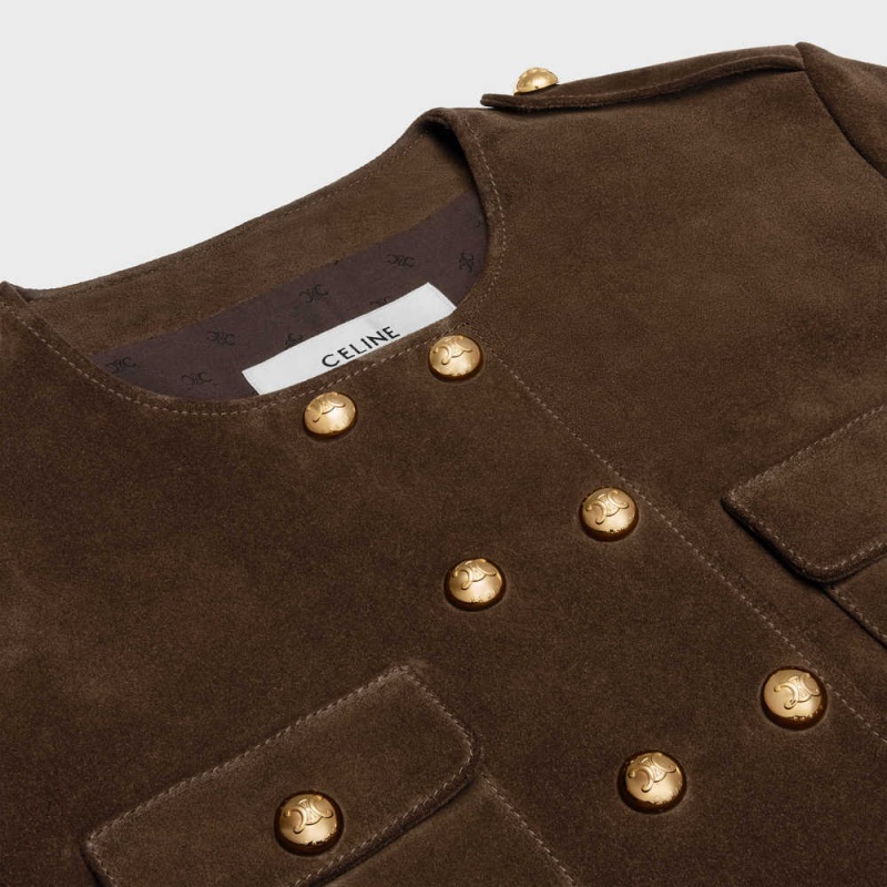 Celine Cardigan In Split Calfskin Leather Kahve | CL-592614