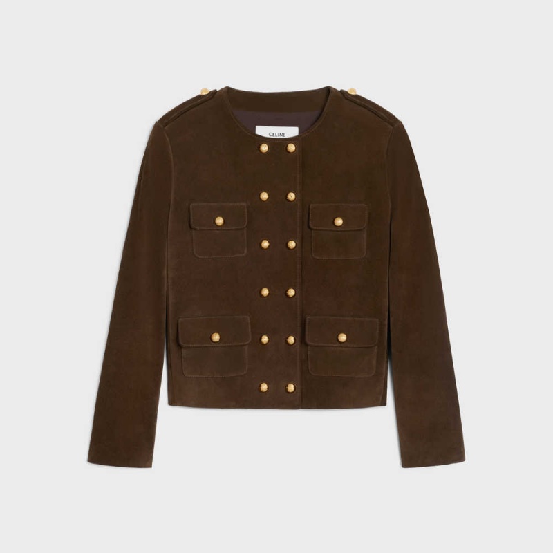 Celine Cardigan In Split Calfskin Leather Kahve | CL-592614