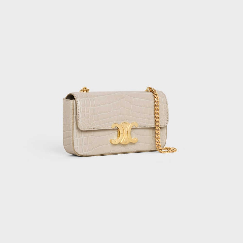 Celine Chain Shoulder Bag In Niloticus Crocodile Triomphe Açık Bej Rengi | CL-593237