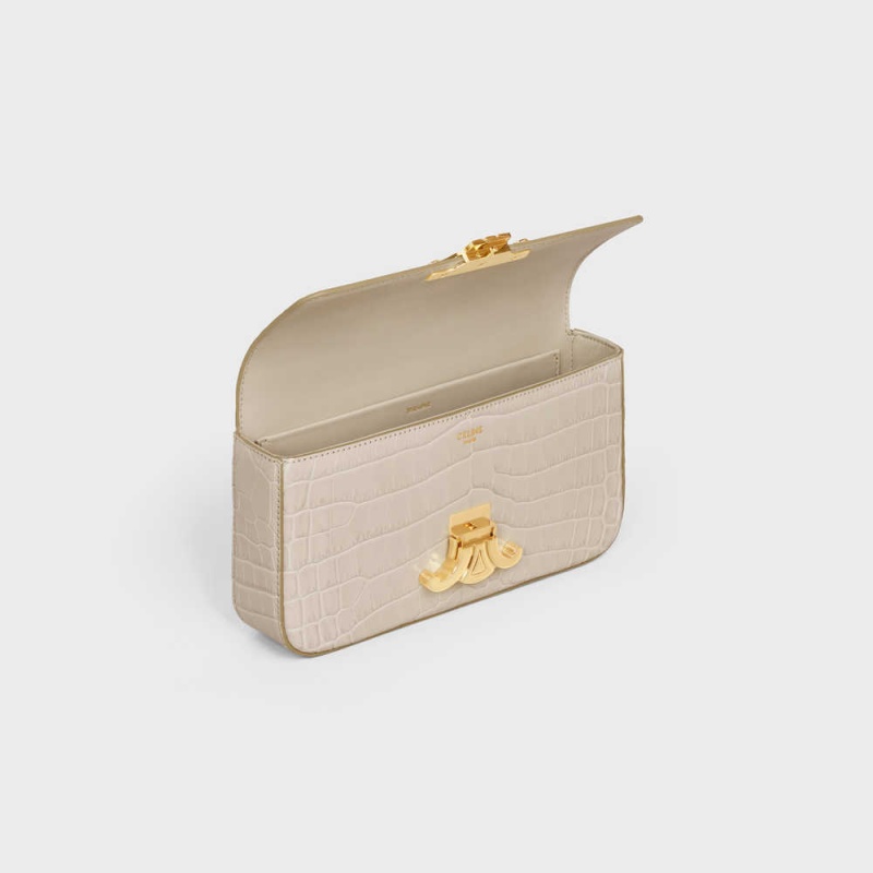 Celine Chain Shoulder Bag In Niloticus Crocodile Triomphe Açık Bej Rengi | CL-593237