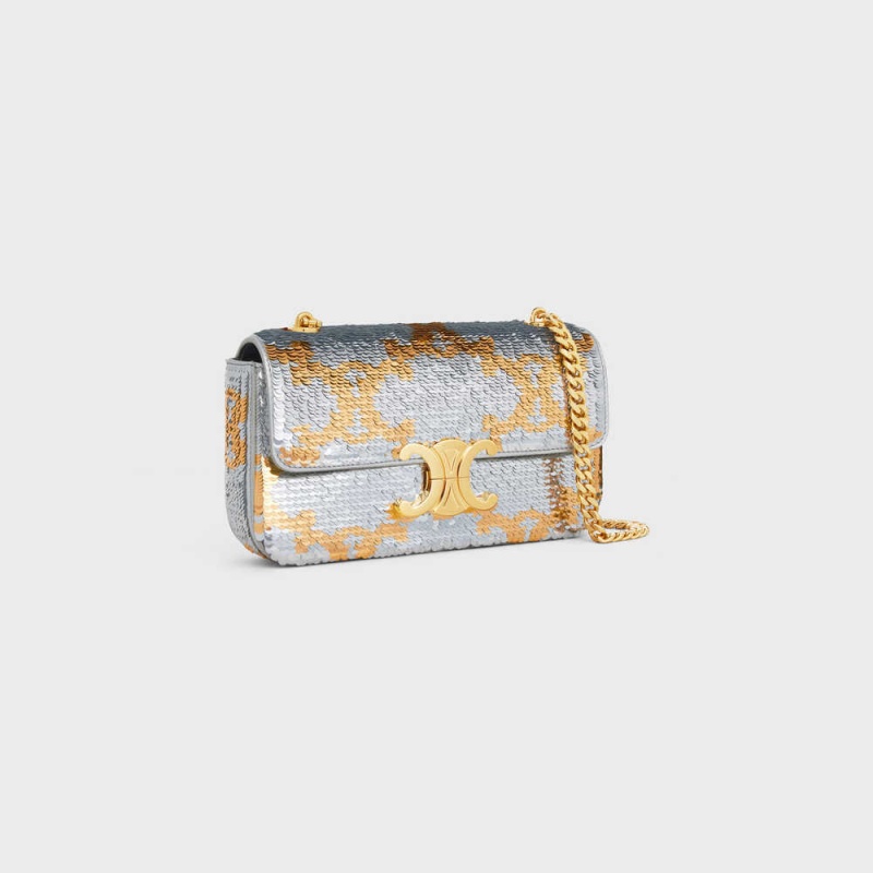 Celine Chain Shoulder Bag In Sequins Triomphe Gümüş Altın | CL-593230