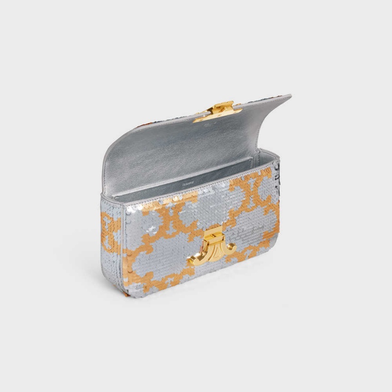 Celine Chain Shoulder Bag In Sequins Triomphe Gümüş Altın | CL-593230