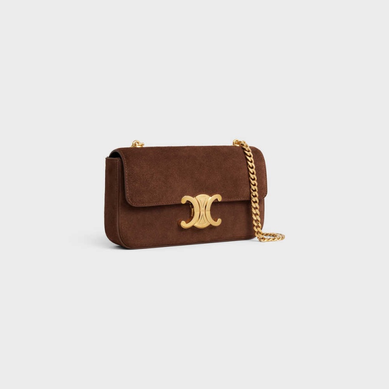 Celine Chain Shoulder Bag In Süet Calfskin Triomphe Kahverengi | CL-593229