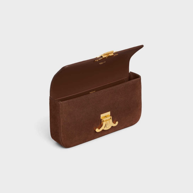 Celine Chain Shoulder Bag In Süet Calfskin Triomphe Kahverengi | CL-593229