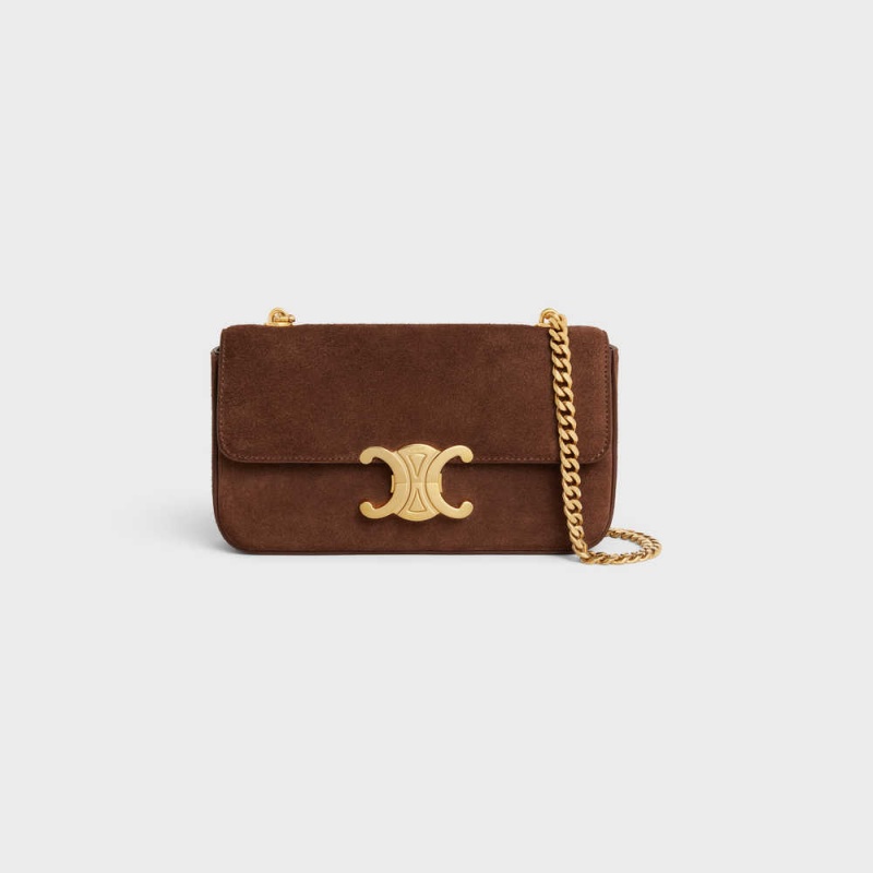 Celine Chain Shoulder Bag In Süet Calfskin Triomphe Kahverengi | CL-593229