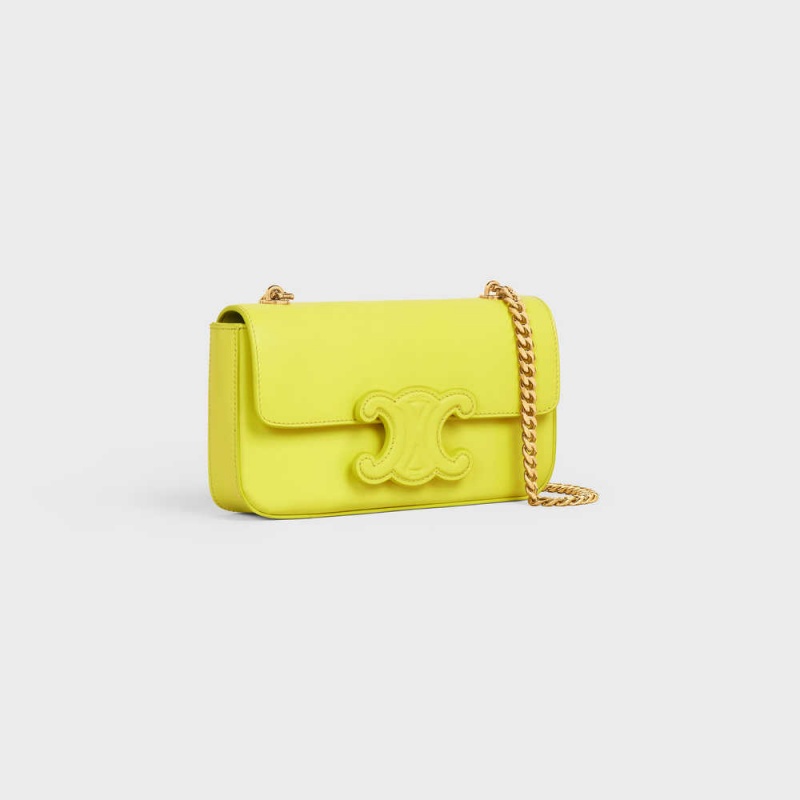 Celine Chain Shoulder Bag In Shiny Calfskin Cuir Triomphe Limon | CL-593164