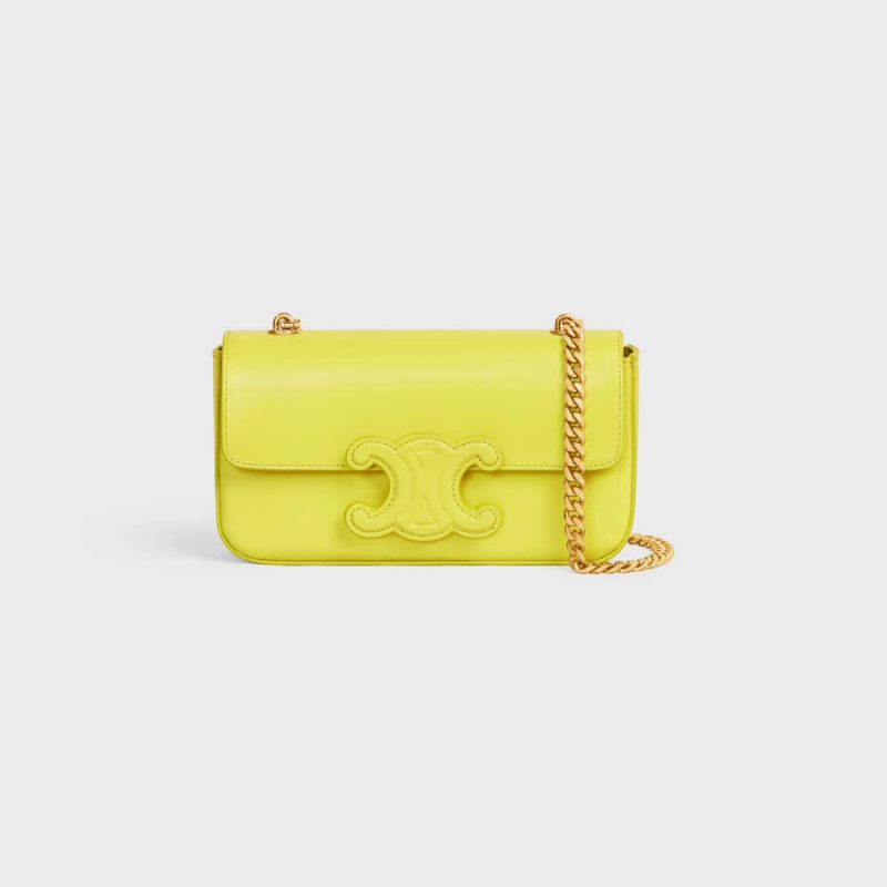 Celine Chain Shoulder Bag In Shiny Calfskin Cuir Triomphe Limon | CL-593164