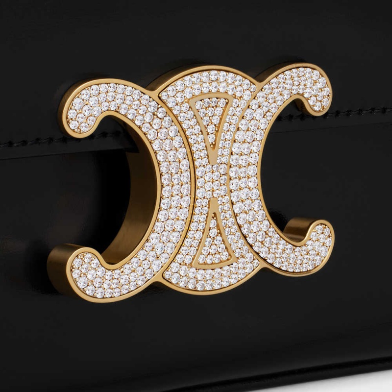 Celine Chain Shoulder Bag With Strass Closure In Shiny Calfskin Triomphe Siyah | CL-593231
