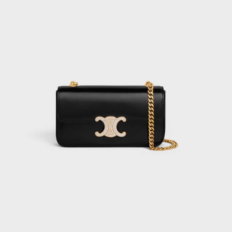 Celine Chain Shoulder Bag With Strass Closure In Shiny Calfskin Triomphe Siyah | CL-593231