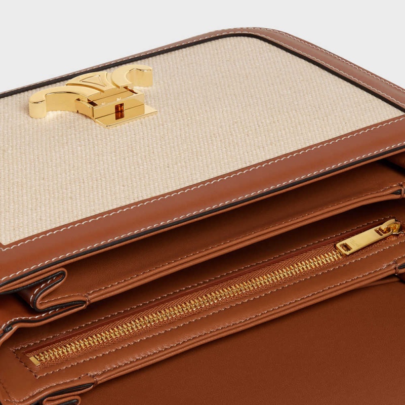 Celine Classique Bag In Tekstil And Calfskin Triomphe Bej Rengi Kahverengi | CL-593180