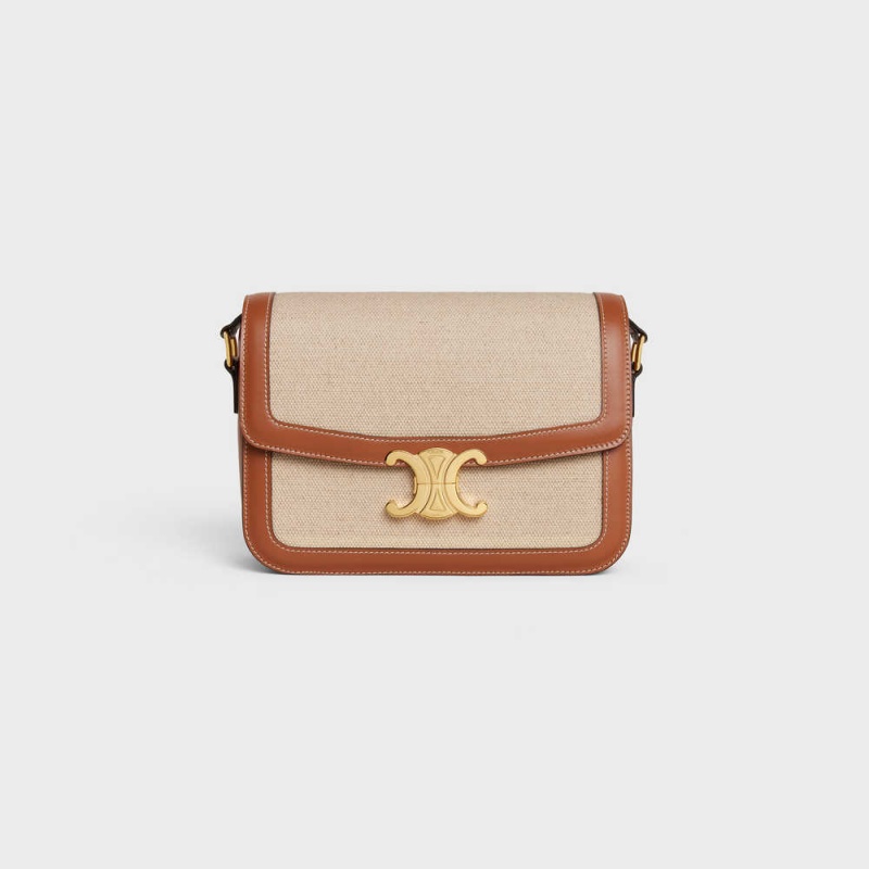 Celine Classique Bag In Tekstil And Calfskin Triomphe Bej Rengi Kahverengi | CL-593180