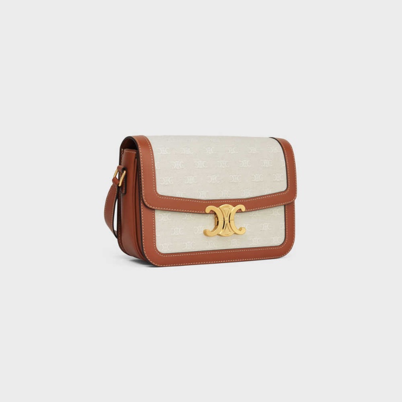 Celine Classique Bag In Tekstil With All-over And Calfskin Triomphe Bej Rengi Kahverengi | CL-593182