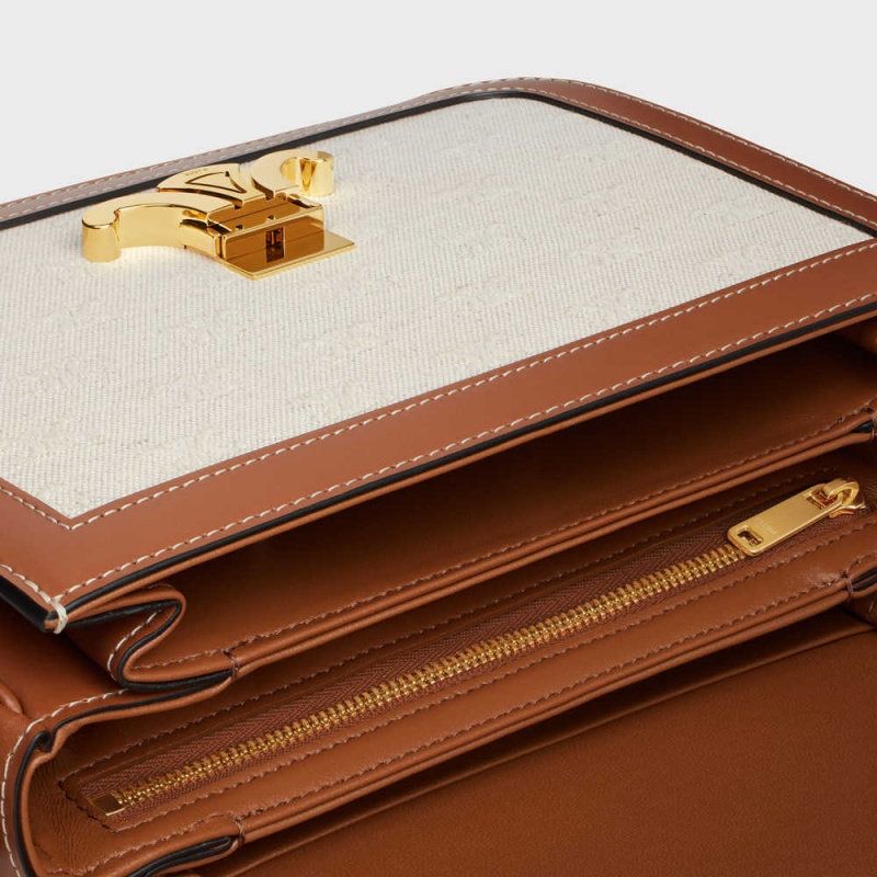 Celine Classique Bag In Tekstil With All-over And Calfskin Triomphe Bej Rengi Kahverengi | CL-593182