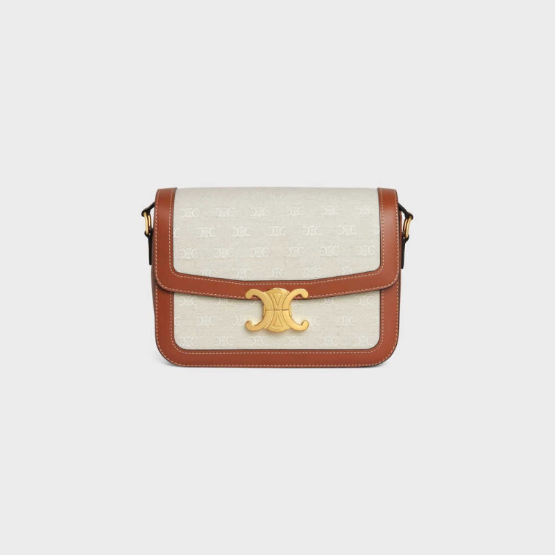 Celine Classique Bag In Tekstil With All-over And Calfskin Triomphe Bej Rengi Kahverengi | CL-593182