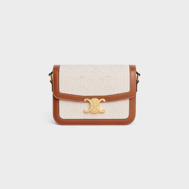 Celine Classique Bag In Tekstil With Crochet Embroidery Triomphe Bej Rengi Kahverengi | CL-593181