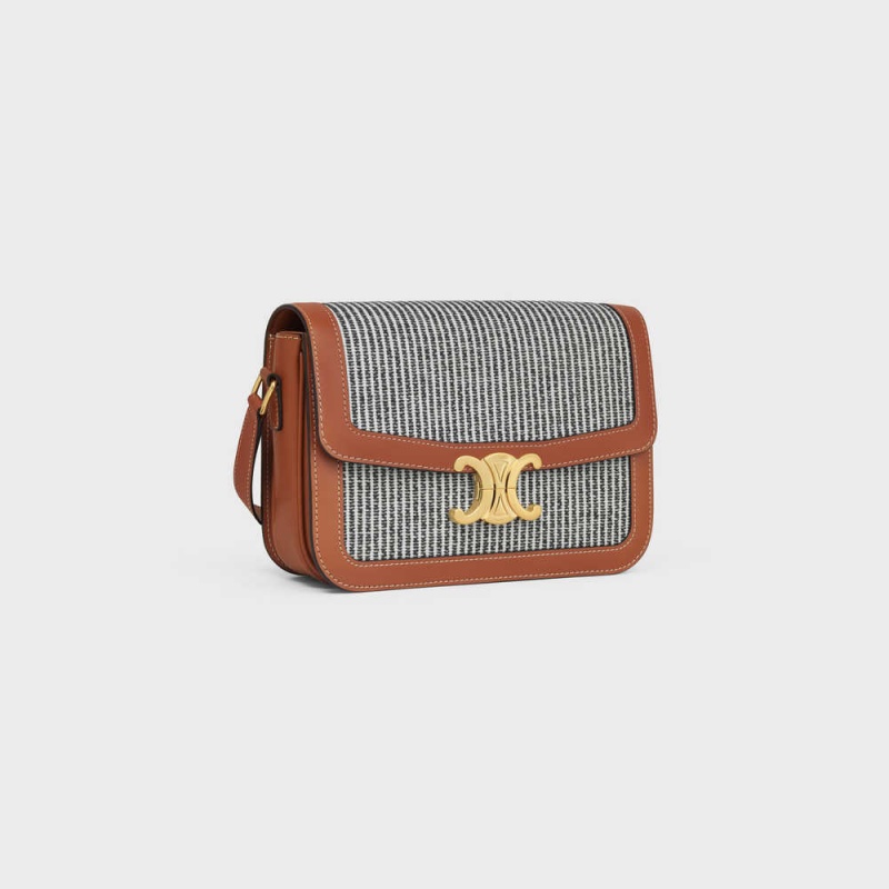Celine Classique Bag In Çizgili Tekstil And Calfskin Triomphe Koyu Gri | CL-593179