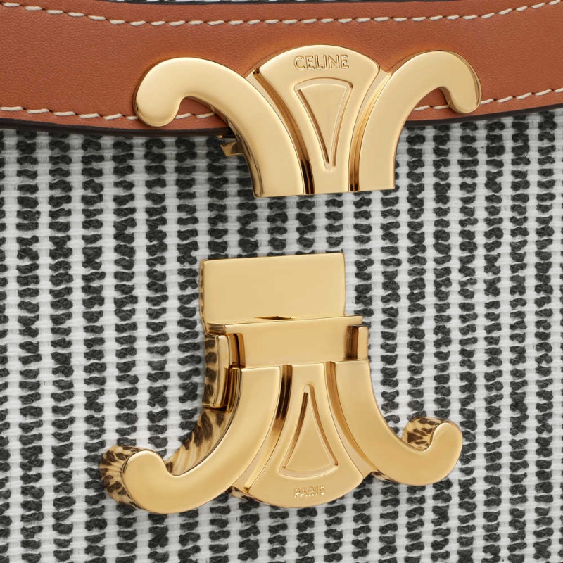Celine Classique Bag In Çizgili Tekstil And Calfskin Triomphe Koyu Gri | CL-593179